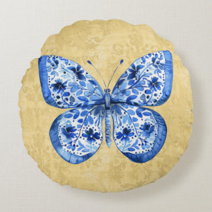 Coussins Ronds Bleu vintage Papillon blanc Antique Damas Or