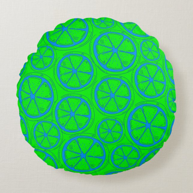 Coussins Ronds Blue Lime Lemon Pattern with Neon Green Background (Devant)