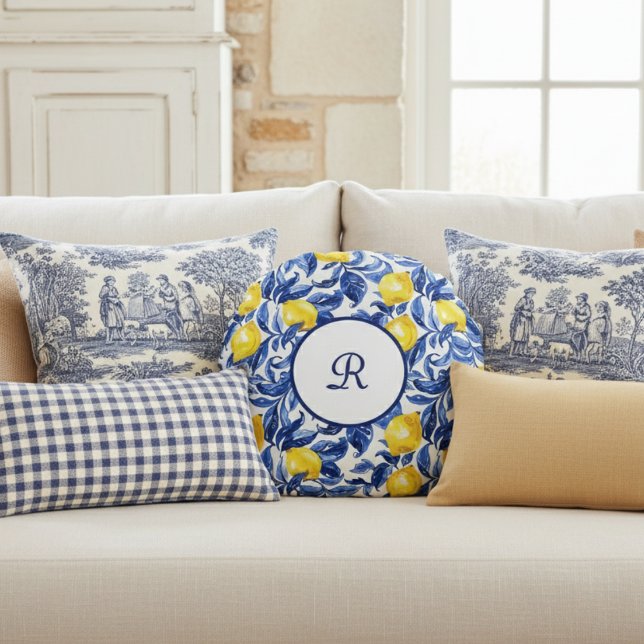 Coussins Ronds Blue Watercolor Lemon Pattern Monogram (Créateur téléchargé)