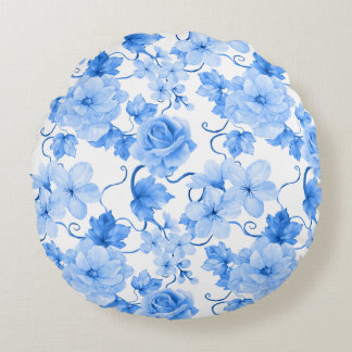 Coussins Ronds Blue & White Chinoiserie Floral Botanical Print