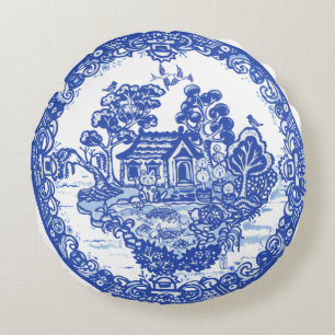 Coussins Ronds Blue Willow Chat chanceux Koi Pond Chine Temple un