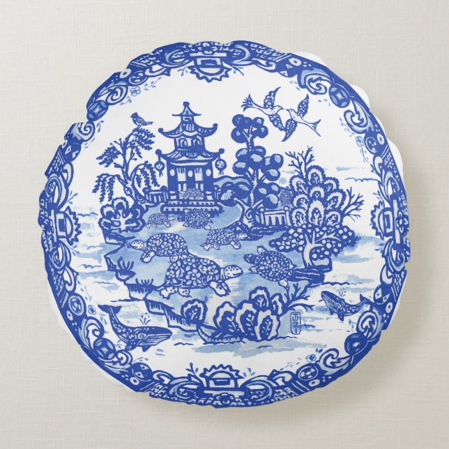 Coussins Ronds Blue Willow Isle of Turtles Jardin Whimsical (Devant)