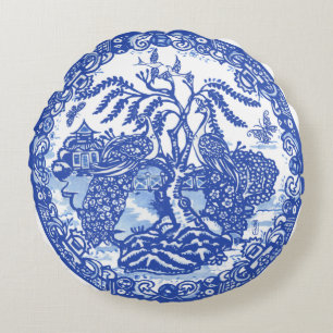 Coussins Ronds Blue Willow Peacock Island Asian Temple Art Garden