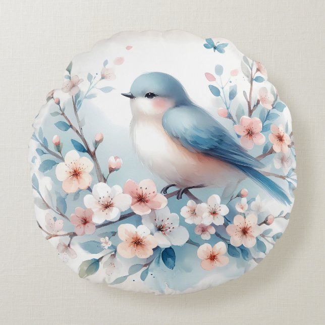 Coussins Ronds Bluebird Blossom Watercolor Serenity (Devant)