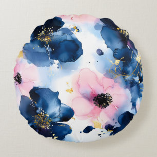 Coussins Ronds Blush Rose Gold Bleu de Nuit Floral Aquarelle