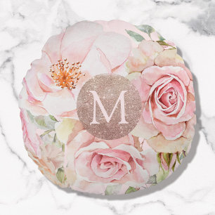 Coussins Ronds Blush Rose Gold Floral Monogrammé