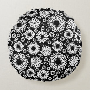 Coussins Ronds Boho fleurs Motif floral vectoriel noir et blanc