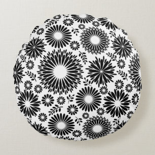 Coussins Ronds Boho fleurs Motif floral vectoriel noir et blanc