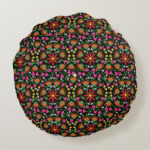 Coussins Ronds Boho Floral Orange rose noir vert