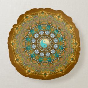 Coussins Ronds Boho Gold Turquoise Yin Yang Jewel Mandala