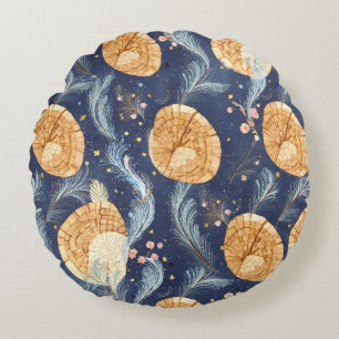 Coussins Ronds Boho Grain de Bois Éventail et Navy Plume Botaniqu