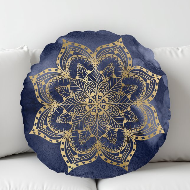 Coussins Ronds Boho Mandala Gold Navy Blue Enk Texture (Créateur téléchargé)