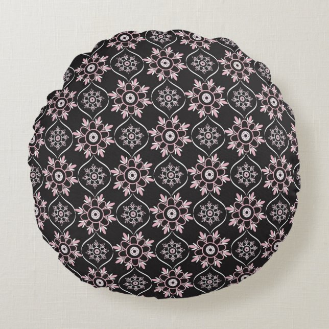 Coussins Ronds Boho Mandala rose & noir (Devant)