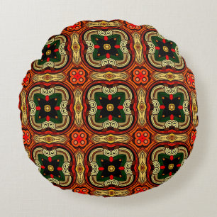 Coussins Ronds Boho motif riche rouge, jaune et beige