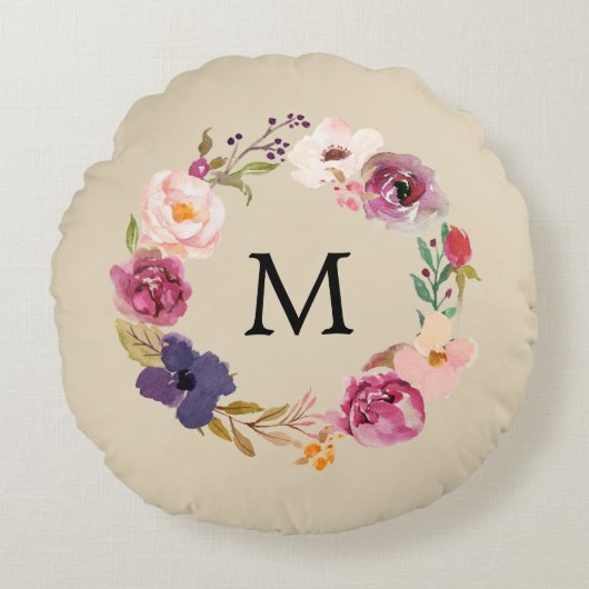 Coussins Ronds Boho rustique aquarelle Floral Wreath Monogramme (Devant)