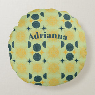 Coussins Ronds Boho Sun Moon Stars Mint Bleu Jaune Personnalisé