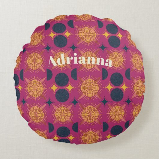 Coussins Ronds Boho Sun Moon Stars rose Bleu Jaune Personnalisé (Devant)