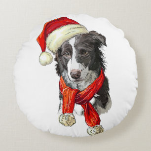 Coussins Ronds Bordure de Noël Collie chien Jeter Oreiller