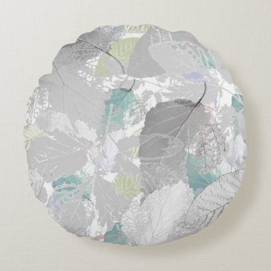 Coussins Ronds Botanical, grey, leaves, white and grey, turquoise (Devant)