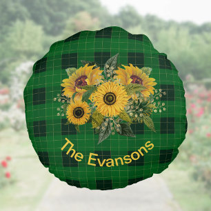 Coussins Ronds Bouquet de tournesol ensoleillé sur Plaid vert