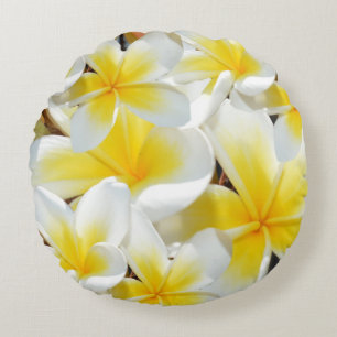 Coussins Ronds Bouquet Frangipani blanc jaune,