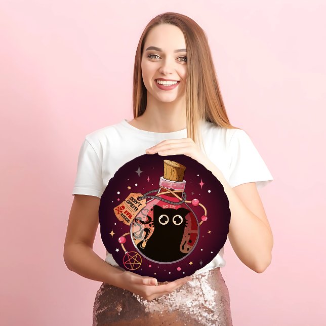 Coussins Ronds Bouteille rose trompeuse Evil Cat Spirit Halloween (Créateur téléchargé)