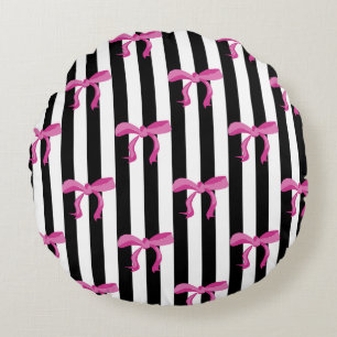 Coussins Ronds Boutons roses sur bandes noires et blanches