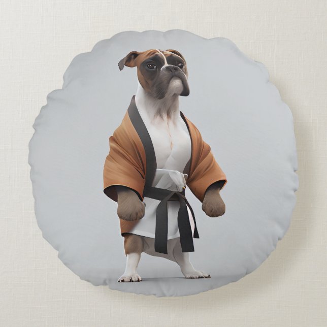 Coussins Ronds Boxer Dog Jouer Karate, Karate Champion Boxer Dog (Devant)