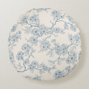 Coussins Ronds Branches de fleurs de cerisier en bleu et blanc ca