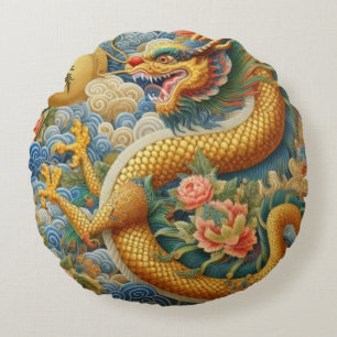 Coussins Ronds Breathe Fire Chinoiserie Dragon Gold
