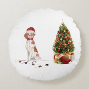 Coussins Ronds Brittany Chien de Noël drôle et arbre