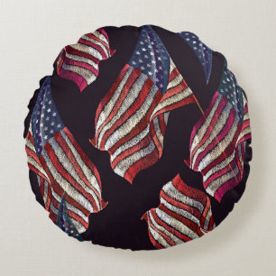 Coussins Ronds Broderie du drapeau américain : motif patriotique.