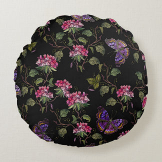 Coussins Ronds Broderie fleurs de datura et papillons sans soudur
