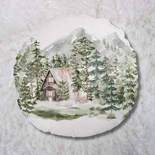 Coussins Ronds Cabane à l'aquarelle dans la forêt de pins verts b