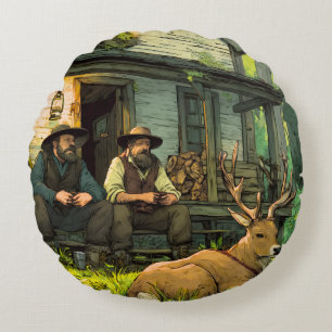 Coussins Ronds Cabane de forêt rustique Chasseurs et cerf de Virg
