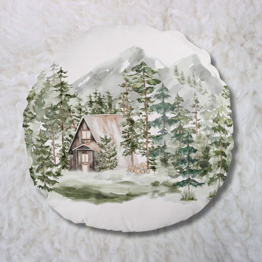 Coussins Ronds Cabine d'aquarelle dans la forêt de pins verts