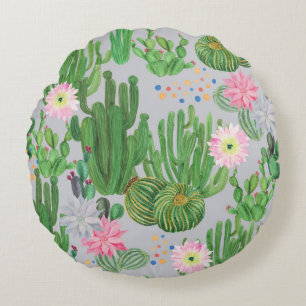 Coussins Ronds Cactus et fleurs, aquarelle peinture transparente.