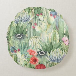 Coussins Ronds Cactus, succulents : aquarelle florale imprimé.