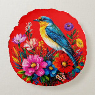 Coussins Ronds Cadeau d'art floral de jardin de printemps du merl