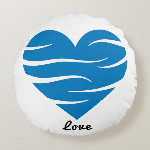 Coussins Ronds Cadeau de cœur bleu avec vagues abstraites Amour &