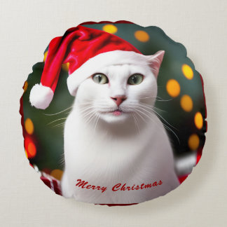 Coussins Ronds Cadeau de Noël mignon Chat blanc portant chapeau d
