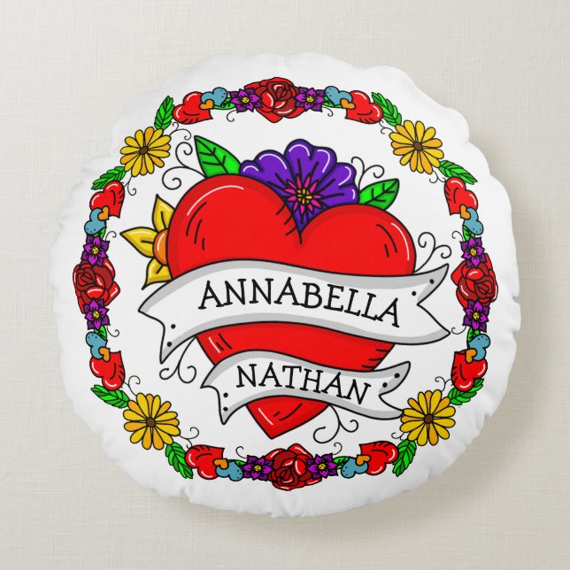 Coussins Ronds Cadeau romantique à deux | Art du style tatouage (Devant)