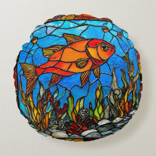 Coussins Ronds Cadeau vitrail Poisson Rouge pour les amoureux de 