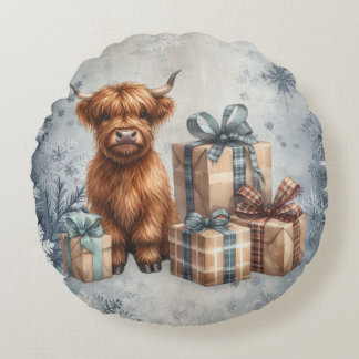 Coussins Ronds Cadeaux de vache Highland bleue d'hiver