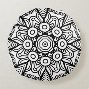 Coussins Ronds Cadre de motif mandala noir et blanc