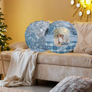 Coussins Ronds Calèche à carreaux bleus Photo de Noël d'hiver enn