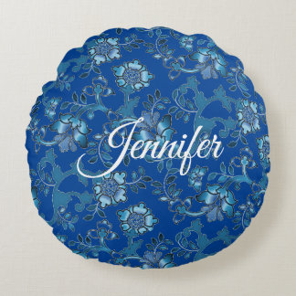 Coussins Ronds Calligraphie Elégant bleu Floral Nom personnalisé