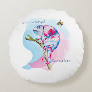 Coussins Ronds Caméléon d'aquarelle et abeille colorés.