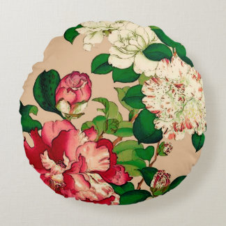 Coussins Ronds Camélias japonais vintages. Rose-foncé sur le