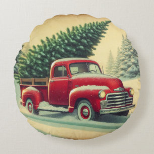 Coussins Ronds Camionnette rouge vintage avec sapin de Noël